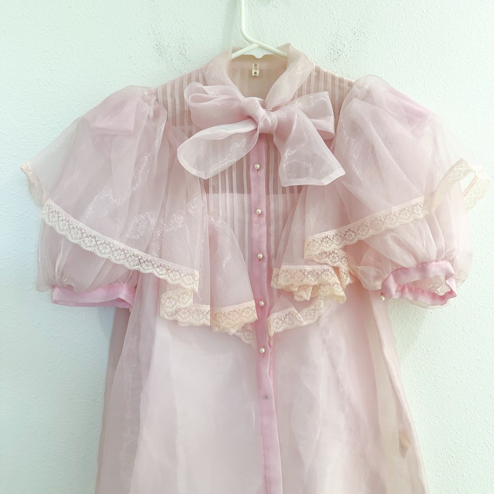 Vintage 1960s Fairycore Cottagecore Coquette Ruffle Blouse Baby Pink Top M